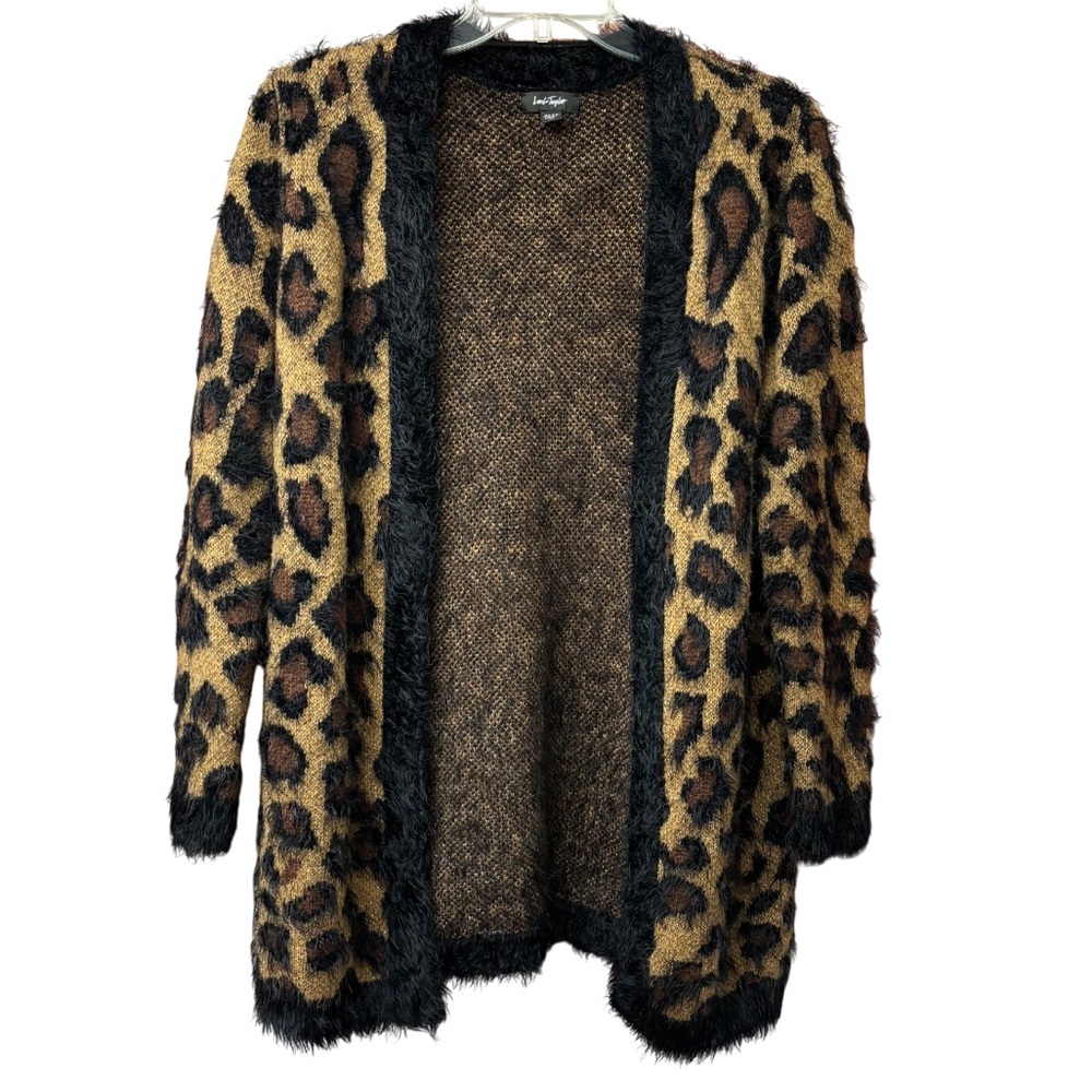 Lord & Taylor leopard print long open front cardigan, small